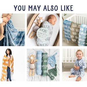 Personalized baby name swaddle bundle featuring a custom name blanket and matching newborn swaddle. Perfect for hospital photos, birth announcements, professional newborn photography, and baby’s coming home outfit. A thoughtful baby shower gift and keepsake for boys or girls.