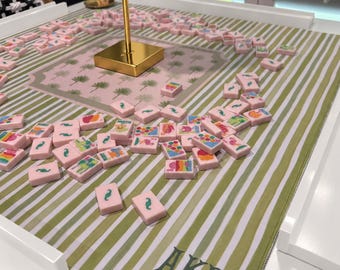 Personalized Palm Tree Mahjong Mat Custom Monogram Playing Mat Preppy Green Stripe Mahjong Gift Coastal Grandmillennial Game Cover