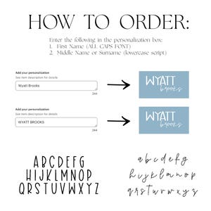 May include: Image with instructions on how to order a personalized item. The text reads "HOW TO ORDER:" followed by steps to enter personalization details. Includes font examples and a preview of the personalized text "WYATT brooks" on a blue background.