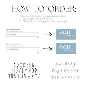 K&ouml;nnte beinhalten: Eine Anleitungsgrafik mit dem Titel HOW TO ORDER und Textaufforderungen zur Personalisierung. Sie zeigt zwei Eingabefelder mit der Beschriftung Add your personalization und Beispiele f&uuml;r den Namen WYATT brooks in serifenloser Schrift und Kursivschrift.
