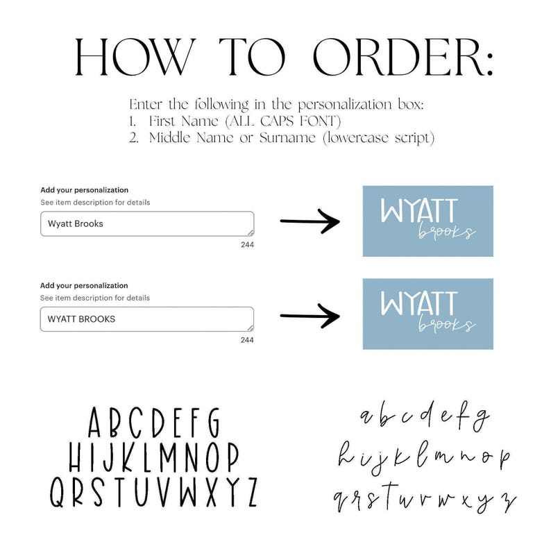 K&ouml;nnte beinhalten: Eine Anleitungsgrafik mit dem Titel HOW TO ORDER und Textaufforderungen zur Personalisierung. Sie zeigt zwei Eingabefelder mit der Beschriftung Add your personalization und Beispiele f&uuml;r den Namen WYATT brooks in serifenloser Schrift und Kursivschrift.