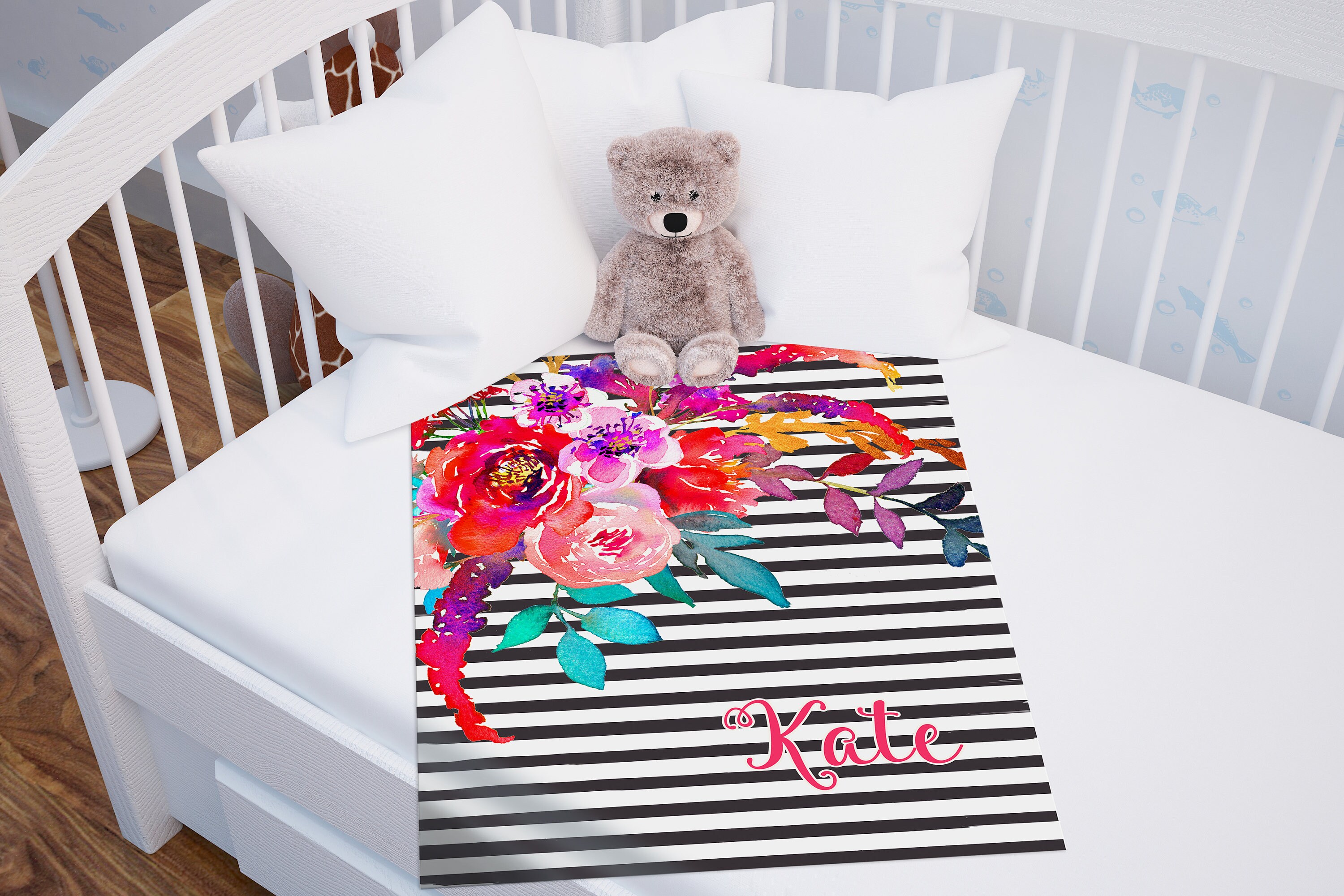 Personalized Kids Blanket Black Stripe Floral Burst Etsy
