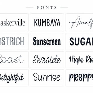 Op de afbeelding: Een raster van twaalf zwarte lettertypevoorbeelden op een witte achtergrond, bovenaan gelabeld met het woord FONTS. De tekstvoorbeelden zijn Baskerville, KUMBAYA, Amalfi, OSTRICH, Sunscreen, SUGAR, Coast, Seaside, High Rise, Delightful, Sunrise en PREPPY.