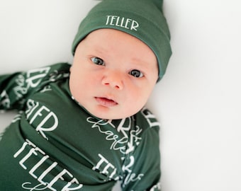 Personalized Baby Boy Swaddle Set Gift For Newborn Green Baby Swaddle Woodland Newborn Baby Photo Prop Newborn Baby Boy Custom Name Swaddle