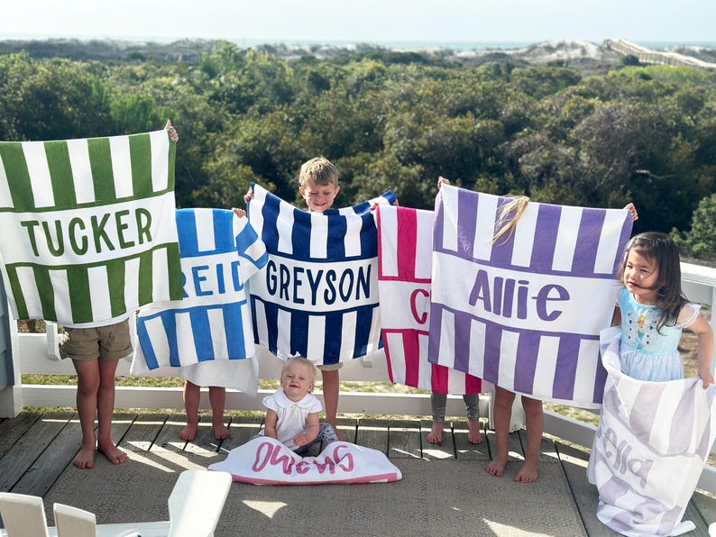 Personalized Beach Towel Custom Name Design Summer Gift Idea Special Monogram Detail Perfect Beach Day Essential Vacation Must Have Pool Accessory Gift For Mom Bridesmaid Present Birthday Surprise High Quality Fabric Comfortable Soft