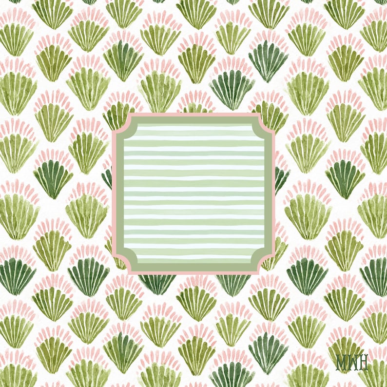 Personalized Coastal Shell Mahjong Mat Custom Monogram Playing Mat Pink and Green Grandmillennial Mahjong Gift Beach House Table Decor image 5