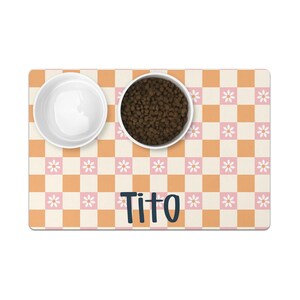 Personalized Dog Food Mat Boho Custom Dog Lovers Gift is perfect for pet food. This new puppy gift, custom dog gift, cat gift, and personalized cat mat makes an ideal dog bowl accessory.
