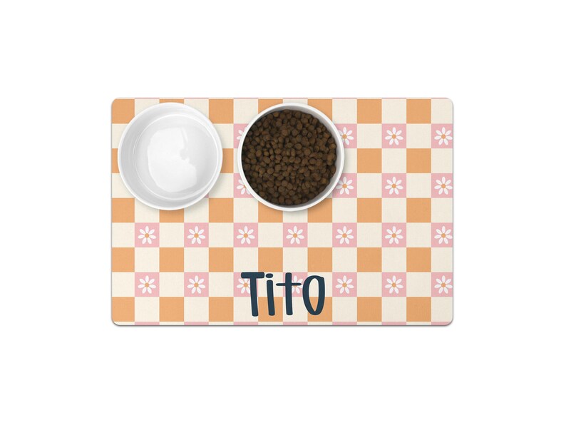 Personalized Dog Food Mat Boho Custom Dog Lovers Gift is perfect for pet food. This new puppy gift, custom dog gift, cat gift, and personalized cat mat makes an ideal dog bowl accessory.
