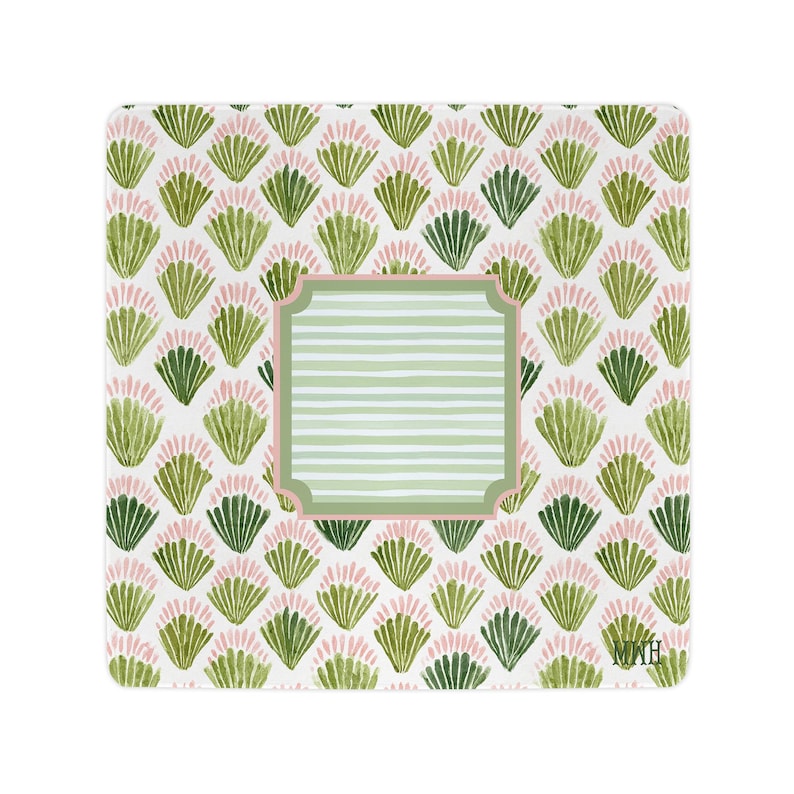 Personalized Coastal Shell Mahjong Mat Custom Monogram Playing Mat Pink and Green Grandmillennial Mahjong Gift Beach House Table Decor image 6