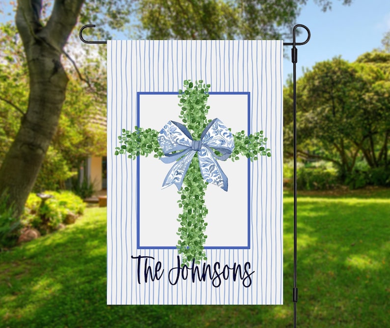 Bunny Design Easter Flag Personalized Garden Display Custom Family Name Feature Spring Yard Decoration Holiday Outdoor Accessory Festive Lawn Sign Seasonal Home Addition Weather Resistant Material Colorful Easter Element Beautiful Christian