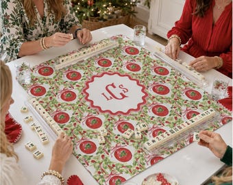 Personalized Christmas Mahjong Mat, Monogrammed Holiday Game Table Mat, Preppy Ornament Mahjong Gift for Her, Custom Hostess Gift