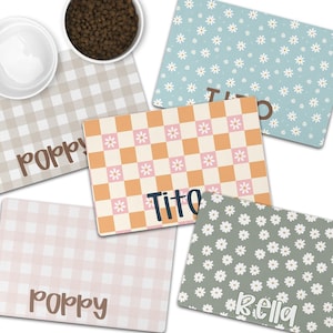 Personalized Dog Food Mat Boho Custom Dog Lovers Gift is perfect for pet food. This new puppy gift, custom dog gift, cat gift, and personalized cat mat makes an ideal dog bowl accessory.