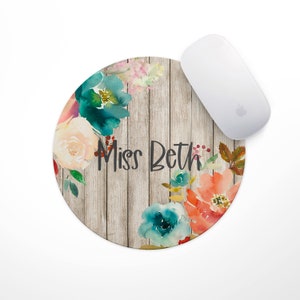 Personalized Mouse Pad-Monogram Mouse Pad-Desk Accessories-Watercolor Flowers-Round Mouse Pad-Rugby Stripes image 1