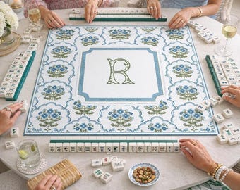 Personalized Blue Chinoiserie Mahjong Mat, Custom Monogram Mahjong Table Cover, Grandmillennial Mahjong Gift, Charleston Floral Tile Design
