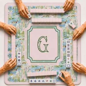 Personalized Mahjong Mat with Monogram Custom Watercolor Floral Table Cover for Game Nights Non-Slip Coastal Grandmillennial Style