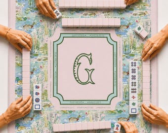 PREORDER Personalized Mahjong Mat with Monogram Custom Watercolor Floral Table Cover for Game Nights Non-Slip Coastal Grandmillennial Style