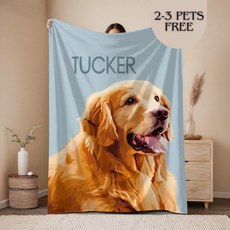 Custom Pet Portrait Blanket Personalized Photo Throw Multiple Size Options Premium Quality Material Digital Pet Artwork Design Customizable Background Colors Pet Name Text Available Comfort Throw Blanket Perfect Memory Gift Beautiful Home