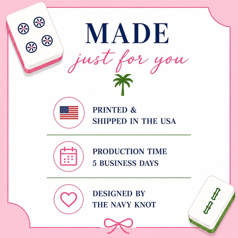 The image is a promotional graphic for a product, featuring a pink background with white text and icons. The text highlights the product as "just for you" and lists features such as "printed & shipped in the USA", "production time 5 business days", and "designed by the navy knot".