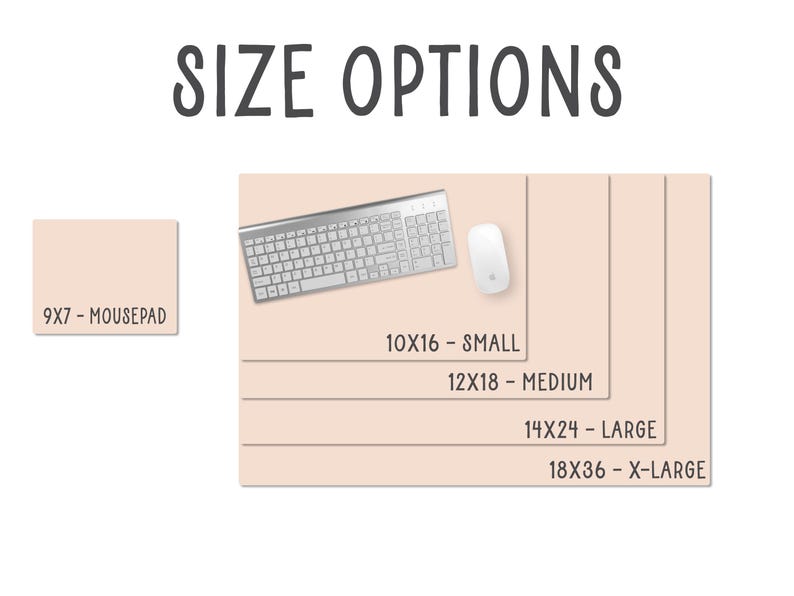 Puede incluir: Imagen que muestra opciones de tama&ntilde;o para un producto. Incluye una alfombrilla de rat&oacute;n de 22,86 x 17,78 cm, y tama&ntilde;os peque&ntilde;o, mediano, grande y extragrande. Se muestra un teclado y un rat&oacute;n en el tama&ntilde;o peque&ntilde;o. El texto en la parte superior dice "OPCIONES DE TAMA&Ntilde;O."
