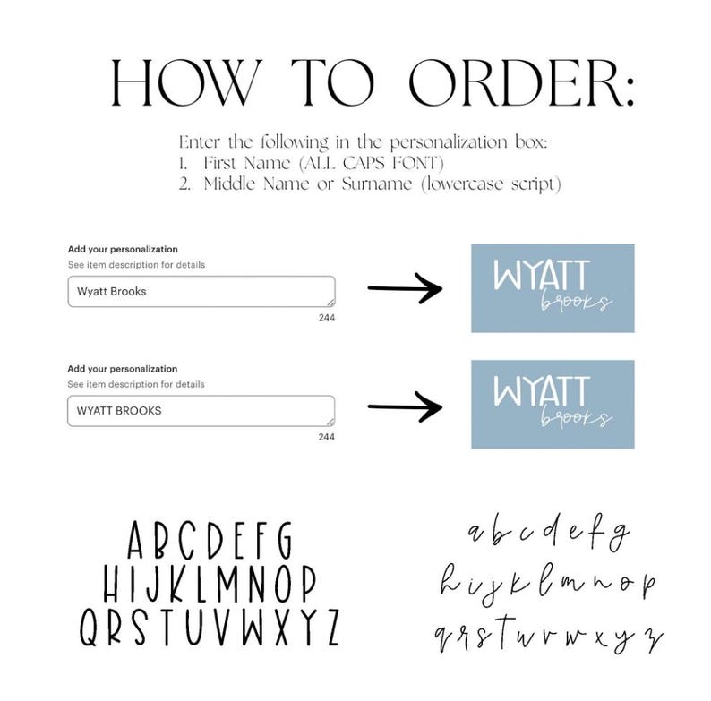 Puede incluir: Un gr&aacute;fico con instrucciones sobre c&oacute;mo pedir un art&iacute;culo personalizado. El texto incluye "C&Oacute;MO ORDENAR:" e instrucciones para ingresar un nombre en may&uacute;sculas y un apellido en min&uacute;sculas. Se muestran ejemplos de fuentes.