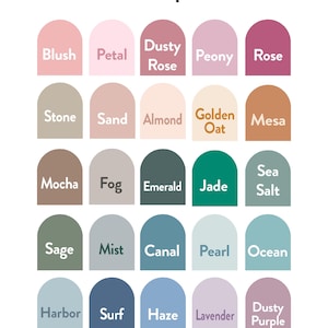 Puede incluir: Una carta de colores con el texto "Color Options" en la parte superior. La carta muestra 24 muestras de color en varios tonos, incluyendo rubor, rosa, esmeralda y oc&eacute;ano. Cada muestra tiene un nombre de color escrito en texto blanco.