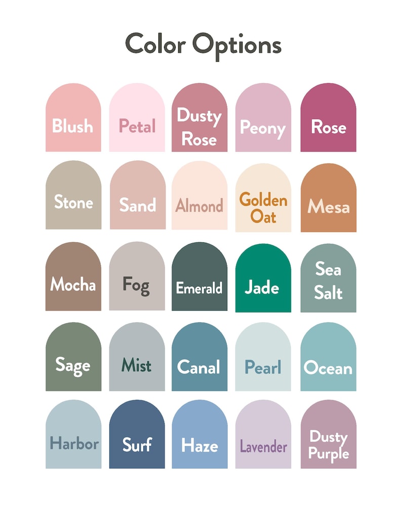 Puede incluir: Una carta de colores con el texto "Color Options" en la parte superior. La carta muestra 24 muestras de color en varios tonos, incluyendo rubor, rosa, esmeralda y oc&eacute;ano. Cada muestra tiene un nombre de color escrito en texto blanco.