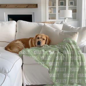 May include: A light green fleece blanket with the name "Marley" repeated in white text. A golden retriever dog is lying on the blanket on a white couch.