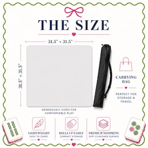 May include: A square white neoprene mat measuring 31.5 inches by 31.5 inches, accompanied by a black cylindrical carrying bag. The image includes text labels for features like lightweight, rolls up easily, and premium neoprene surface.