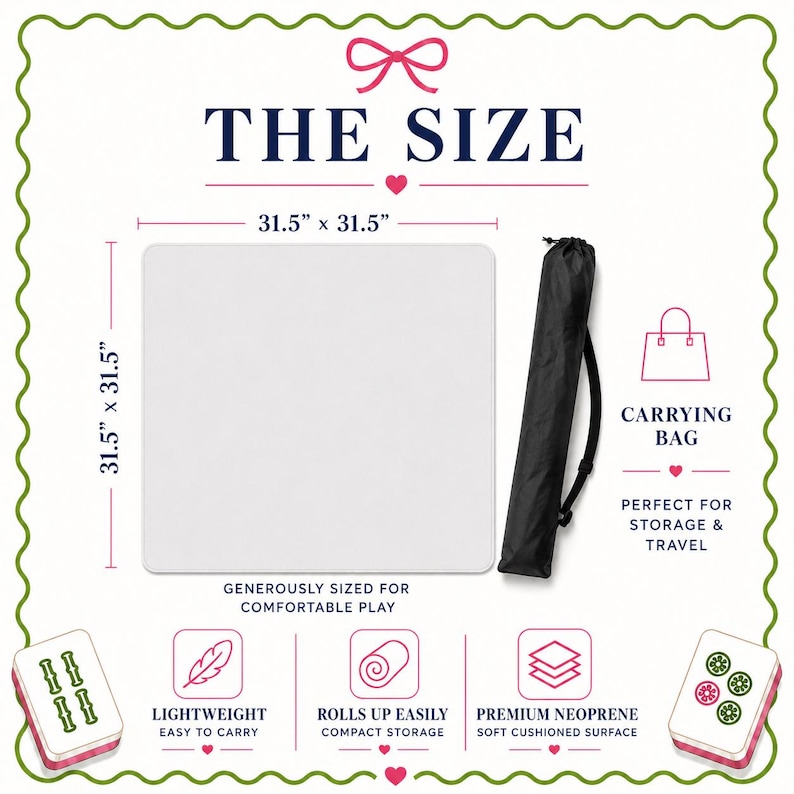 May include: A square white neoprene mat measuring 31.5 inches by 31.5 inches, accompanied by a black cylindrical carrying bag. The image includes text labels for features like lightweight, rolls up easily, and premium neoprene surface.