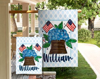 Personalized Patriotic Garden Flag Hydrangea American Flag Mothers Day Gift Custom Name Flag Preppy Fourth July Porch Decor USA Yard Flag