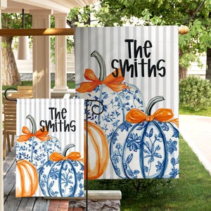 Personalized Garden Flag Outdoor Display Family Name Custom Design Watercolor Pumpkin Fall Decoration Welcome Sign Plaid Pattern Blue Fabric