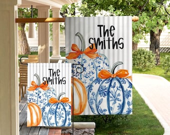 Personalized Garden Flag Outdoor Display Family Name Custom Design Watercolor Pumpkin Fall Decoration Welcome Sign Plaid Pattern Blue Fabric