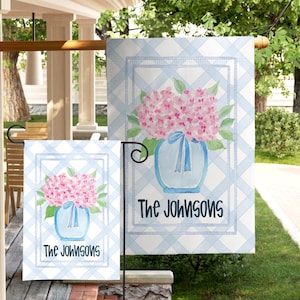Personalized Hydrangea Garden Flag Mothers Day Gift Custom Family Name Spring Floral Flag Preppy Porch Decor Pink Flower Yard Flag Gift