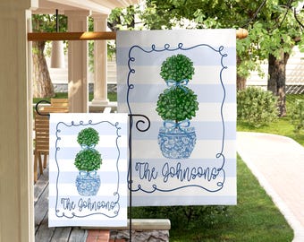 Personalized Topiary Garden Flag Mothers Day Gift Custom Family Name Flag Blue Chinoiserie Pot Preppy Porch Decor Cute Spring Yard Flag