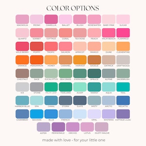 K&ouml;nnte beinhalten: Eine Farbkarte mit dem Titel COLOR OPTIONS, die ein Raster aus siebenundsiebzig rechteckigen Farbfeldern in verschiedenen Rosa-, Orange-, Gr&uuml;n-, Blau- und Violettt&ouml;nen zeigt. Jedes Feld ist mit einem Namen beschriftet. Unten steht der Text made with love for your little one.