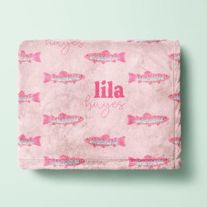 Vissen babydeken Deken Inbakeren Wrap babymeisje roze forel vissen lokken deken deken aangepaste naam naam forel ontwerp aangepast