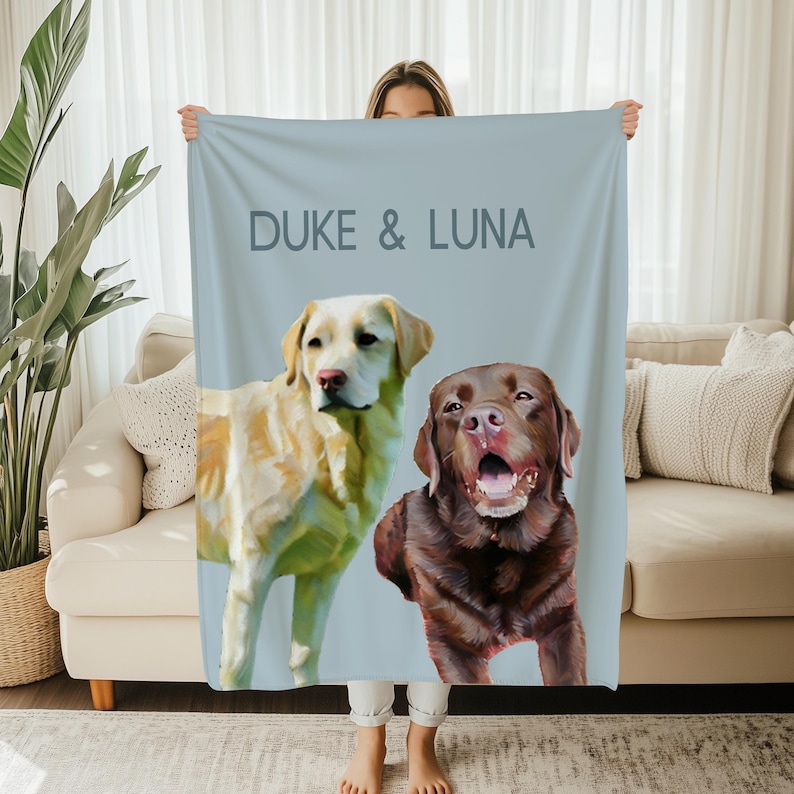 Custom Pet Portrait Blanket Personalized Dog Cat Photo Blanket Multiple Sizes Available Custom Name Text Soft Cozy Material Perfect Gift Choice Family Memory Keepsake Special Portrait