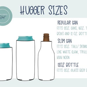 May include: A diagram illustrating hugger sizes. The image features three hugger outlines: a regular can, a slim can, and a bottle. Text indicates each hugger fits specific can and bottle sizes, including 12oz cans and bottles. The Navy Knot logo is in the upper left.
