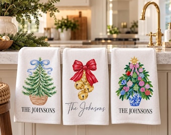 Personalized Christmas Kitchen Waffle Towels Monogram Holiday Gift White Microfiber Absorbent Textile Festive Decor Family Name