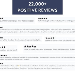 May include: A screenshot of a website with positive reviews for a company called The Navy Knot. The reviews are all five stars and praise the quality of the products and the customer service. The text on the image reads "22,000+ POSITIVE REVIEWS".