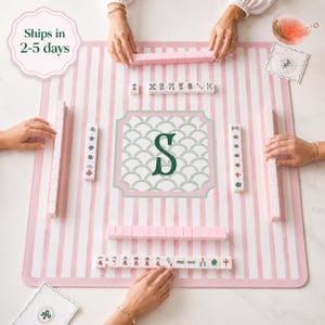 Personalized Pink Stripe Mahjong Mat Custom Monogram Mahjong Playing Mat Chinoiserie Pattern Mahjong Gift Game Cover