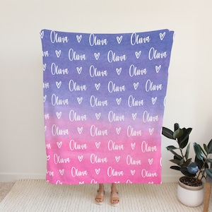 Name Blanket - Pink Purple Ombre - Blanket for Baby Kids Youth Teenager Adult Plush Fleece Minky Sherpa Text Initials Monogram Gifts