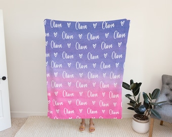 Name Blanket - Pink Purple Ombre - Blanket for Baby Kids Youth Teenager Adult Plush Fleece Minky Sherpa Text Initials Monogram Gifts