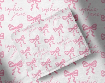 Custom Name Blanket Baby Girl Swaddle Set Pink Bow Swaddle Coming Home Baby Girl Personalized Baby Girl Swaddle Blanket Headband Gift Set