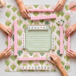 Personalized Coastal Shell Mahjong Mat Custom Monogram  Playing Mat Pink and Green Grandmillennial Mahjong Gift Beach House Table Decor