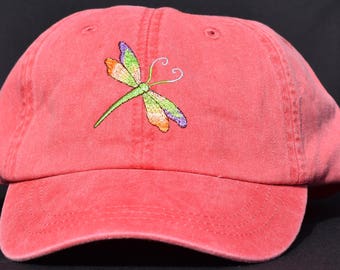 Dragonfly Embroidered Baseball Cap with Leather Strap with antique buckle, Select Your Hat Color