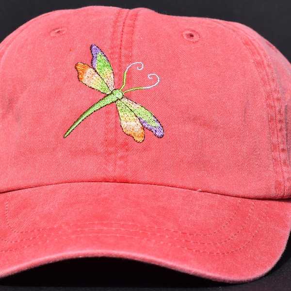 Dragonfly Embroidered Baseball Cap with Leather Strap with antique buckle, Select Your Hat Color