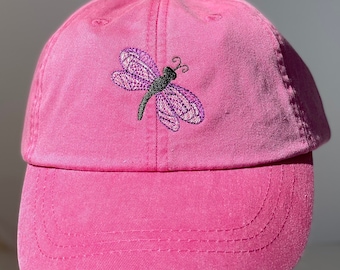 Dragonfly Embroidered Baseball  Cap with Leather Strap with antique buckle, insect hat