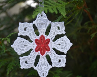 3D Christmas Decoration Lace Snowflake Tree Ornament / about 5 in x 4 in / Free Standing Lace / Red sparkling applique / Pick your color