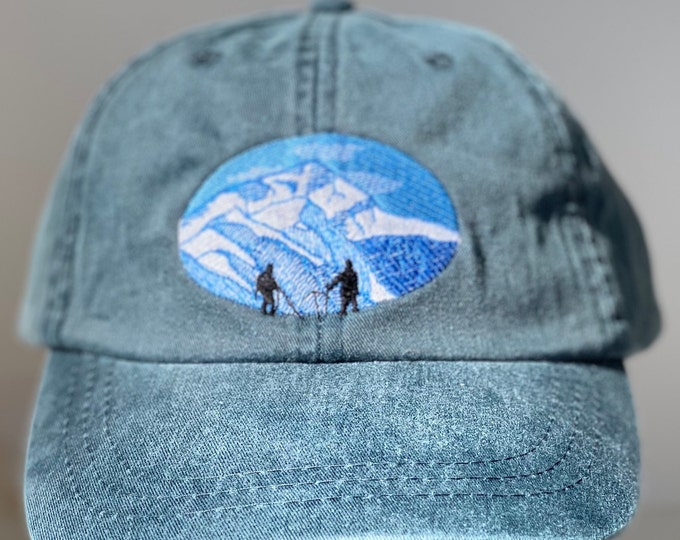 Mountain Climbing Embroidered Baseball Hat with Leather Strap with antique buckle